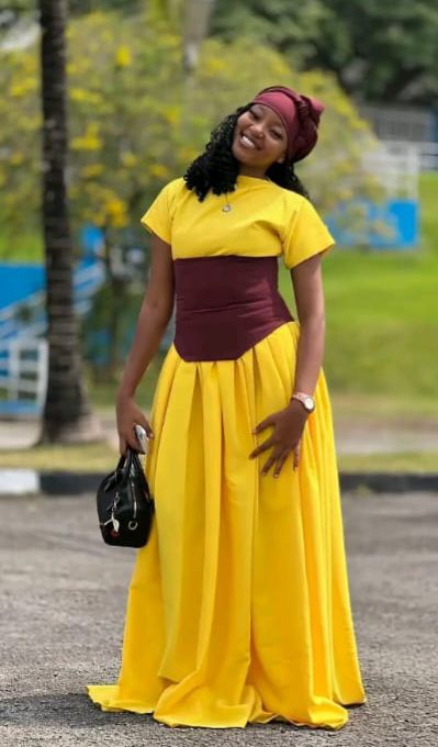 Yellow native dress with maroon corset